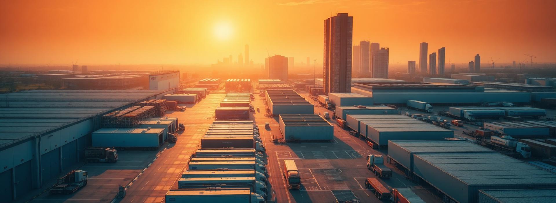Hub logístico e skyline corporativo ao entardecer representando os segmentos atendidos